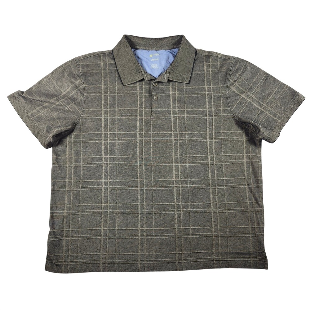 Haggar Polo Shirt Mens XXL Brown Windowpane Plaid Cotton Blend Excellent Casual